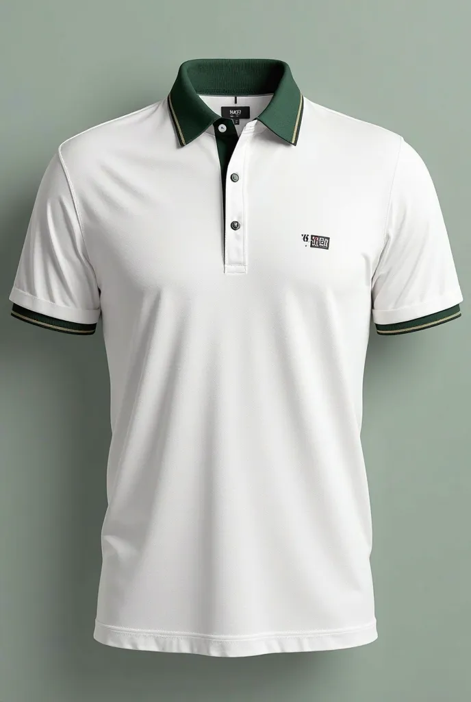 Create a polo shirt with the colors black, white is the main color dark green
