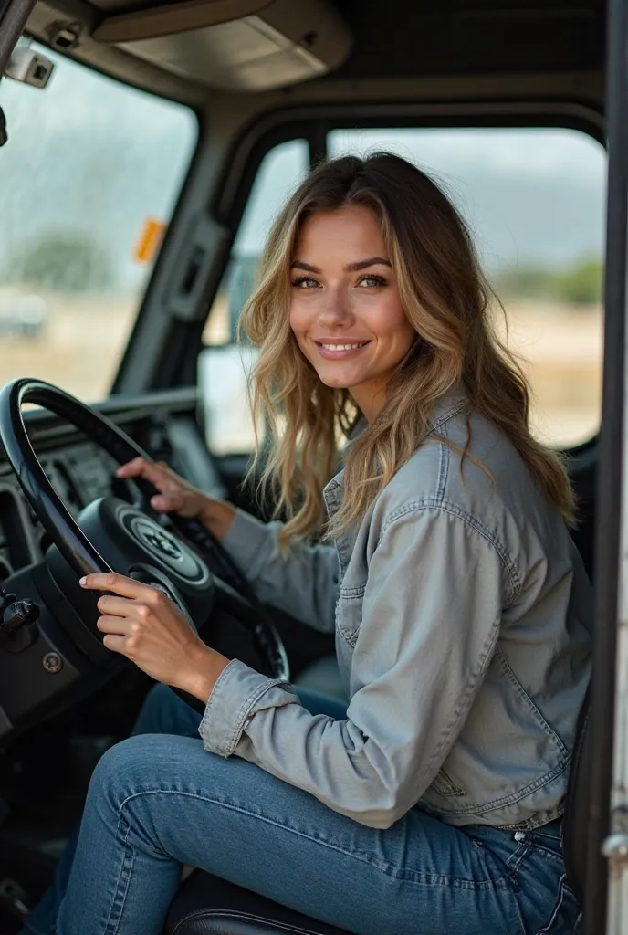 A young woman in her late twenties wearing stylish casual clothes, sitting in the driver’s seat of a large truck. The truck’s interior is detailed, showing the dashboard, steering wheel, and side mirrors. The woman has a confident and relaxed expression, h...