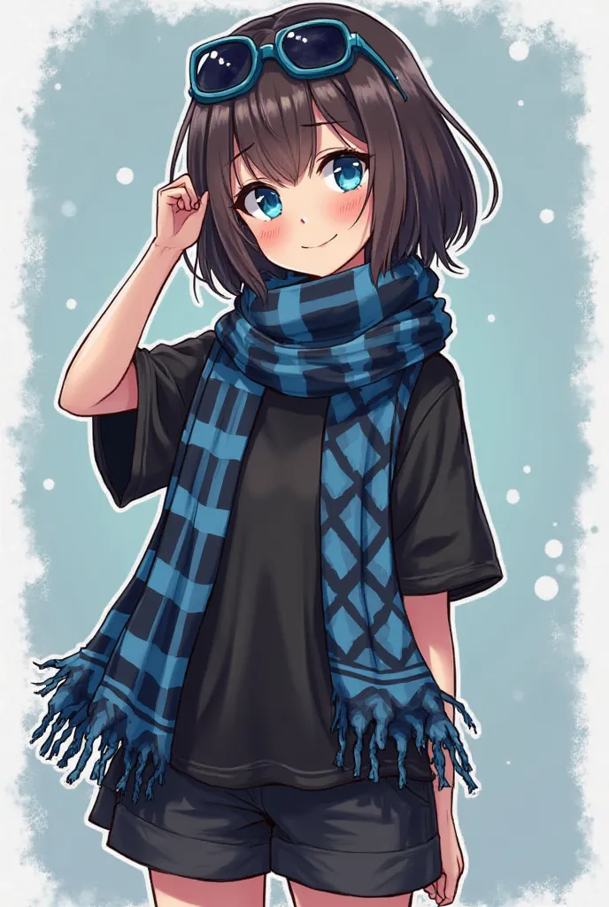  Girl in an oversized black t-shirt  ,  wide black shorts , hair under a square of dark brown-colored hair and references to items from various fandoms , Blue eyes,  blue-framed sunglasses , background and blue black plaid scarf , cool avatar background