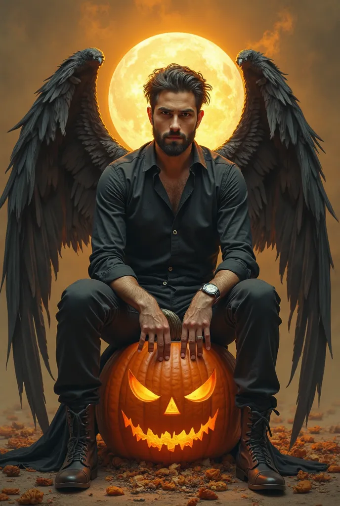 arafed image of a person sitting on a pumpkin with wings, the angel of death with a halo, portrait of the angel of death, the angel of death, beautiful male god of death, angel of death, portrait of the death angel, dark angel of coffee, portrait of the go...