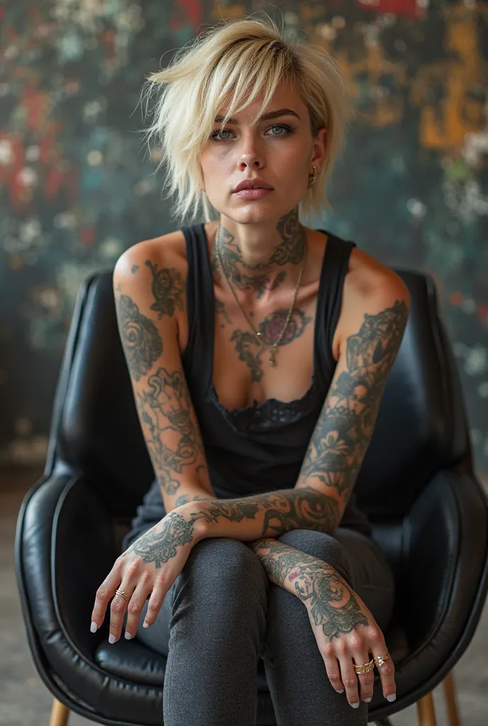 **Portuguese:**  
"A blonde girl with short hair, with several visible tattoos, facial expression of 'girl', Sitting in a black chair.  She's wearing a casual outfit ,  but with a touch of attitude , and the surrounding environment is modern and urban."

*...