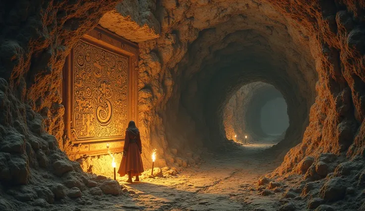 "An ancient cave illuminated by torches, with dusty scrolls and strange symbols carved on the walls."