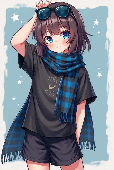  Girl in an oversized black t-shirt  ,  wide black shorts , hair under a square of dark brown-colored hair and references to items from various fandoms , Blue eyes,  blue-framed sunglasses , background and blue black plaid scarf , cool avatar background