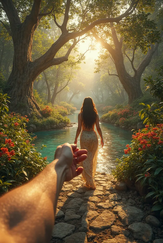 "A hyper-realistic first-person point-of-view (POV) image capturing Adam walking through the lush Garden of Eden, holding Eve’s hand. Only Adam’s strong, bare hand is visible in the foreground, gently grasping Eve’s delicate hand as she walks slightly ahea...