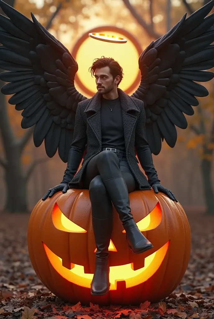 arafed image of a person sitting on a pumpkin with wings, digital art by Ren Bonian, zbrush central contest winner, digital art, the angel of death with a halo, portrait of the angel of death, the angel of death, beautiful male god of death, angel of death...