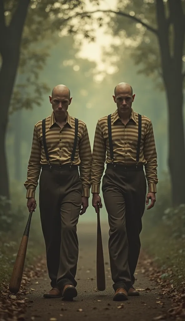 Tweedle Dee e Tweedle Dum, in their mob versions, They wear identical brown suits with suspenders and a shirt with horizontal stripes in beige and brown. They're bald. Their shoes are brown leather boots, And thick soles. They're walking side by side throu...