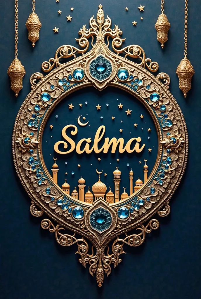 A decorative, ornate design centered on the name "Salma" in gold calligraphy.  The name is surrounded by a circular frame of intricate gold filigree, inlaid with numerous glittering,  blue and clear gems.  A crescent moon and stars, along with stylized Isl...