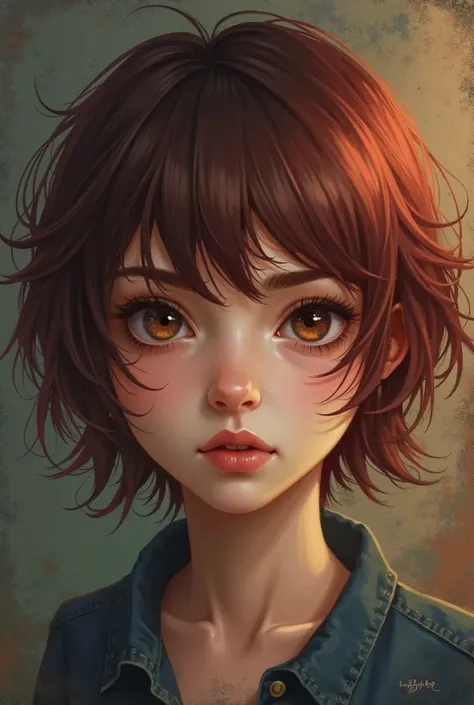 A cover for a book with the title "Loves that hurt, Loves that teach". There may be a girl in the background who has short fringed hair and her hair is reddish black,  brown eyes.. And that it seems cool and interesting but at the same time it reflects res...