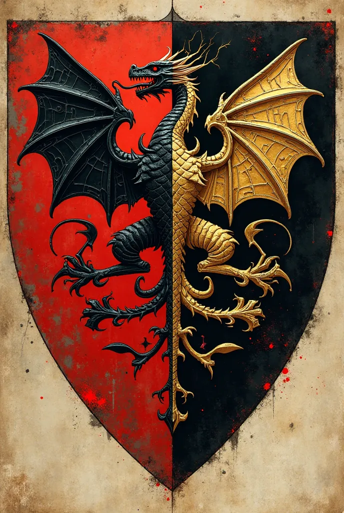 Create a sigil for the House of Dragons with elements of black, red, and gold. Let this sigil be the embodiment of power and authority. Let there be only black, red and gold colors clearly. Make it as it is drawn. So that it can be drawn on a coat of arms ...