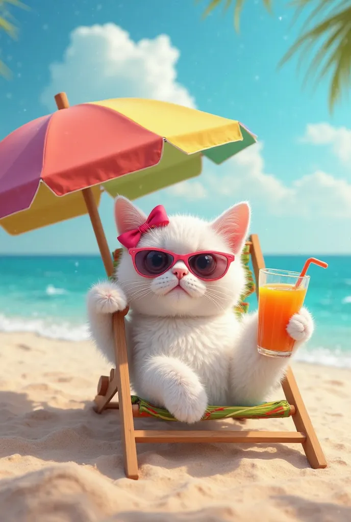 Uma gata Realistic de cor branca está relaxando em uma praia ensolarada. She is lying comfortably in a beach chair under a colorful umbrella. In one of its paws, Hold a glass of refreshing juice. The cat wears a pink bow on her ear and pink sunglasses. The...