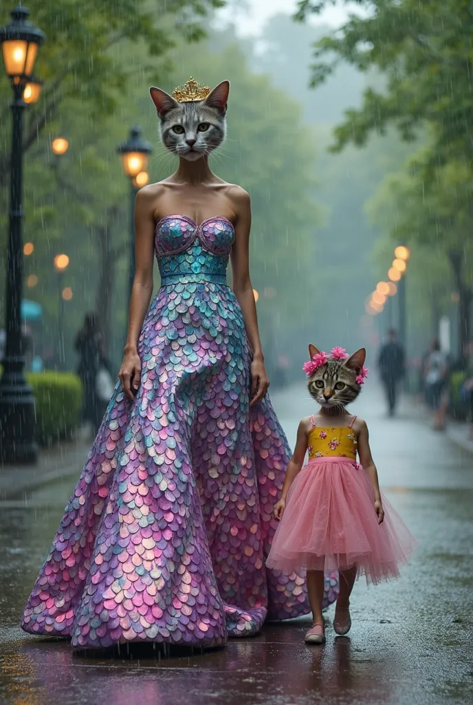 A fashion show scene featuring a woman with a cat Head  wearing a floor-length, iridescent, iridescent fish-scale-patterned gown with a strapless bodice and a crown, showcasing a vibrant color palette of iridescent purples, pinks, blues, and greens, with a...