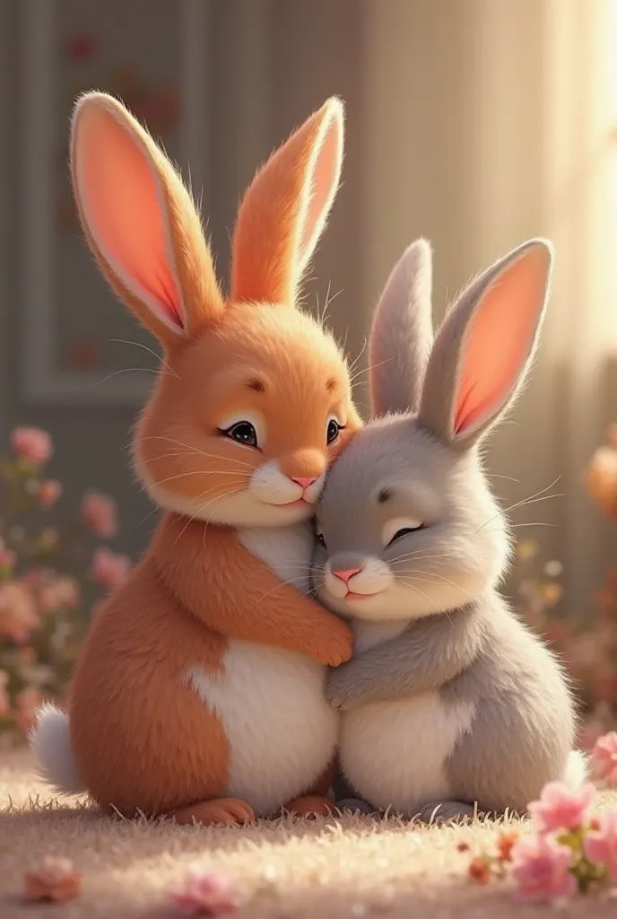 Two rabbits cuddle, one red rabbit with a white belly, and the second rabbit is gray-white, grey around the eyes, half white to the back