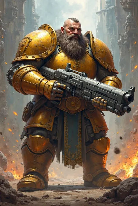 Dwarf paladin in gold armour holding a big gun