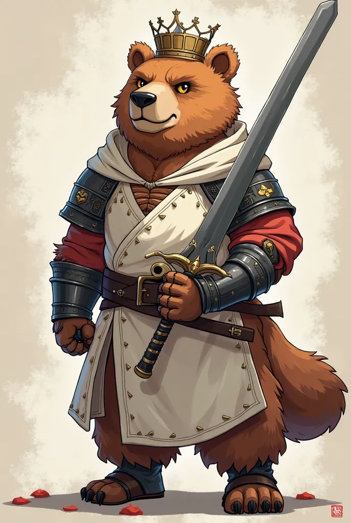 A furry art in a Korean Manhwa cover style, A standing age grizzly bear, He is holding a long iron sword, he has a crown over his head,  His golden eyes , he wears white clothes with a slight red undertone and a black belt, in addition to half armor. he is...