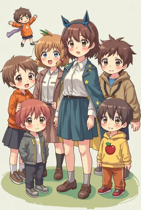 Everyone  minus the sour one. There are seven characters 
A brown hair fair skin hair with two blueberries like a bun with a loose part and a part tied clothes a white blouse and a blue skirt and a cape with stars 
2 a loose hair with a small peach detail ...