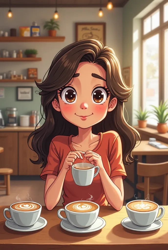 using the same identity so far make a cute cartoon image depicting The Best Coffee in the World, But She Didn't Like Coffee
