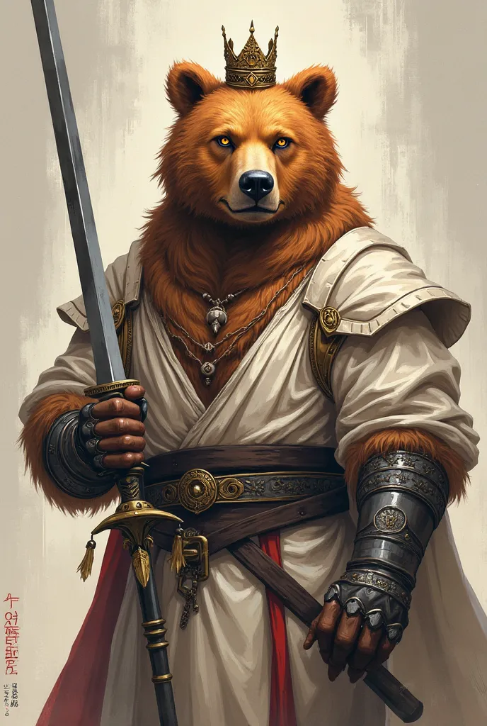 A furry art in a Korean Manhwa cover style, A standing age grizzly bear, He is holding a long iron sword, he has a crown over his head,  His golden eyes , he wears white clothes with a slight red undertone and a black belt, in addition to half armor. he is...