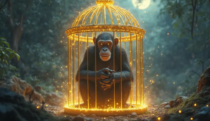 A mystical golden cage glowing in the moonlight, with a clever Chimpanzee inside, his eyes shining with strange power as he concentrates.