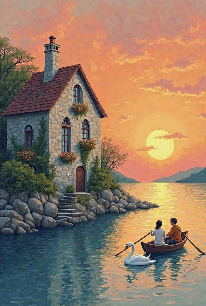 Sunset a stone house on the shore the house has flowery windows .on the stairs a  sits,  hangs its feet in the water. A swan swims on the water. In a boat a man and a woman are rowing colorful minimal drawing