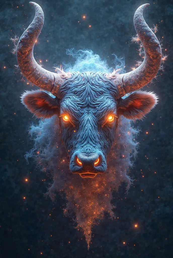 "A majestic bull's head floating in space, with an ethereal body formed by glowing galaxies and nebulae. Its eyes glow 