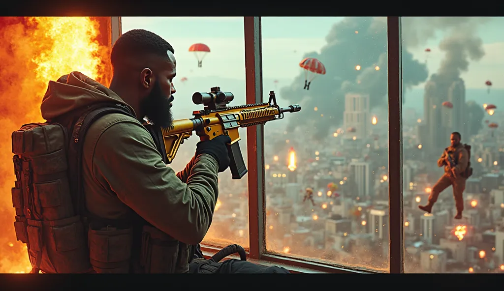 Crie uma thumbnail vibrante e impactante para uma live de Call of Duty: Warzone on YouTube . The focus should be on a black man with a long beard and short hair, holding an all-gold AM4 A1 rifle. It is positioned inside a roof of a very tall building, look...