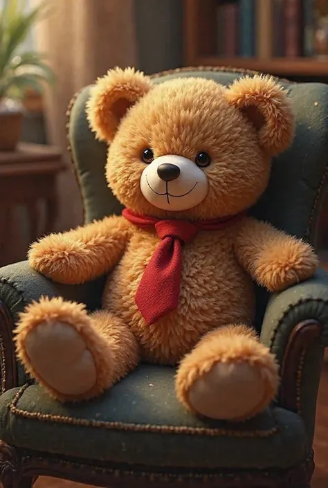 Make a teddy bear in a sitting chair with a red tie 