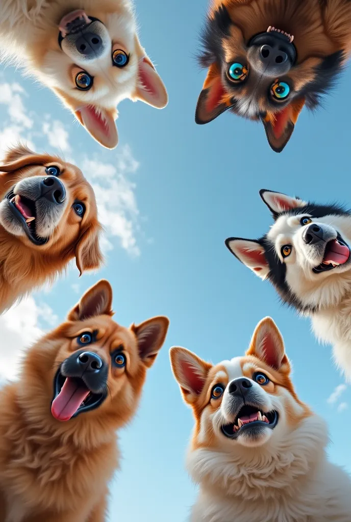 An image of several dogs of different breeds, including Golden Retriever, Siberian Husky, Pug, Dalmatian and German Shepherd, looking at the camera from below, creating a fun and immersive perspective. The background is a clear blue sky with some soft clou...