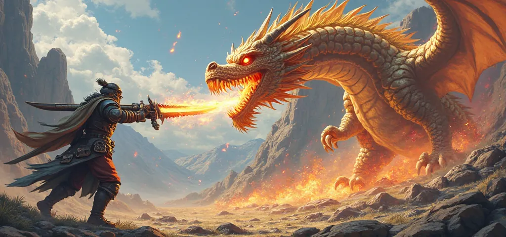 1920 x 480 pixels, Monster hunter wilds,gif, gold Monster hunter wilds,anime dragon,
spits fire at a soldier with a huge cleaver-shaped sword with teeth