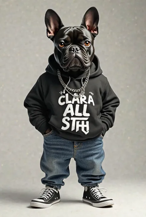 I create anthropomorphic black French bulldog wearing Clara all Star blue jeans black and white white t-shirt a silver chain around the neck