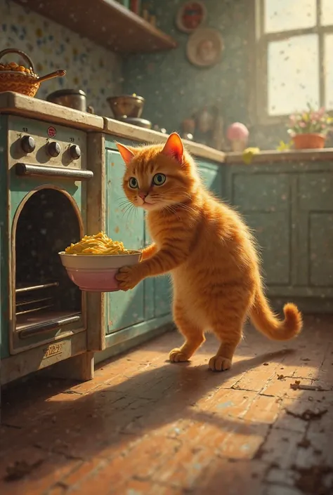 In a whimsical, painterly kitchen blending fantasy and everyday magic, a charming orange cat with a radiant coat carefully carries a bowl of golden cake batter toward a vintage oven. The soft, warm glow from the oven casts enchanting shadows, highlighting ...