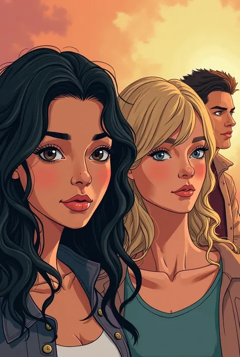 A vertical illustration for book cover, where three characters. Lens In the foreground, two young women: Ruth, appear with long curly black hair, and Livia, with very short blond hair  (mullet)  and light eyes, both with expressions that convey romantic te...