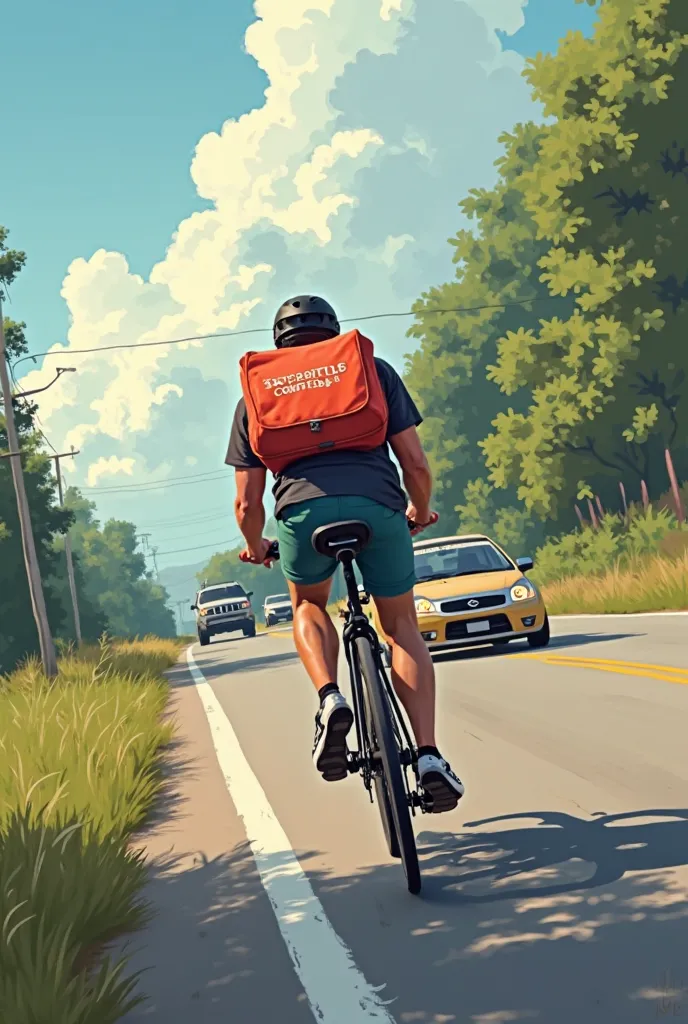 A rider is riding his bicycle on a village road at a very high speed, overtaking the cars around him, and his delivery bag has the words Steadfast Courier written on it. It should be drawn in such a way that it looks like it was drawn by a person. This wil...