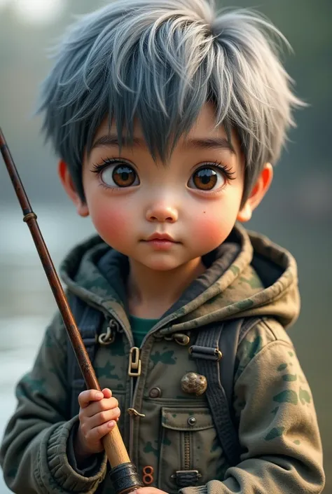  boy with brown eyes, bushy eyebrows, big and Chinese eyelashes, gray hair with his camouflage clothes and his fishing rod