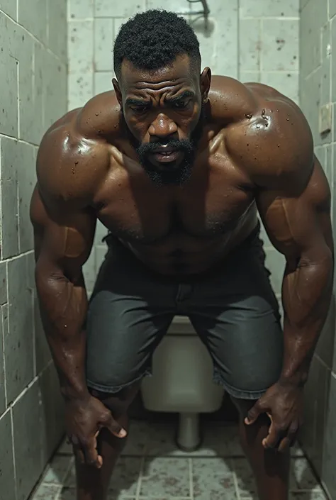 A black and muscular man who tries to make his toilet in pain