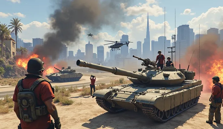 A war with several people dressed in different colors, In the GTA RP, with war tanks , helicopters , weapons, fire
each one in different poses from Brazilian factions, 
It has a background of view of the city of Los Santos GTA 5, 
GTA style5, 
Brazilian ro...