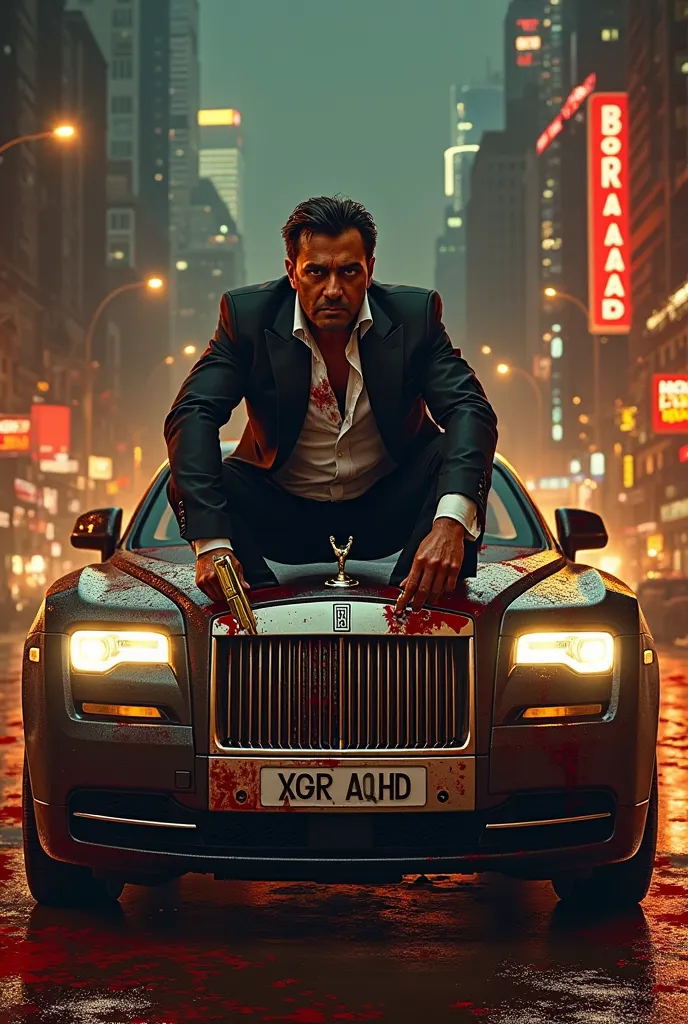 *"A hyper-realistic and cinematic action-thriller movie poster featuring a dangerous gangster character crouching on top of a blood-splattered Rolls-Royce (side angle, front grill visible). He wears a black suit with an open white shirt, and his hands are ...