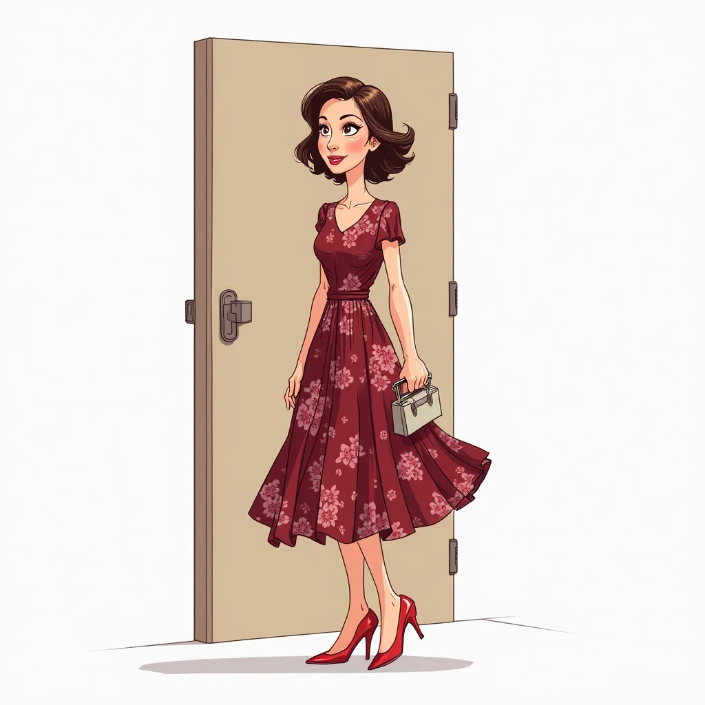 ure Tense Prompt (Semi-Realistic Cartoon Art - White Background):
A beautiful 27-year-old woman with short, wavy hair, wearing a dark red floral dress, stands near a doorway, holding a small handbag. She looks ahead with determination, her posture upright ...