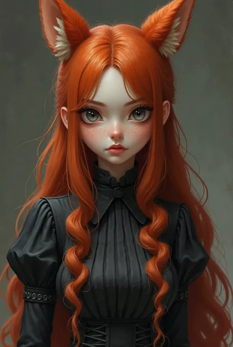 Realistic: Adult woman with ears and socks by Kitsune, white with orange ears, curvilinear body, long red hair, She wears black clothes from 1880, firm expression, strong and irritated, Your face is round and with freckles, your eyes are a bit big.
