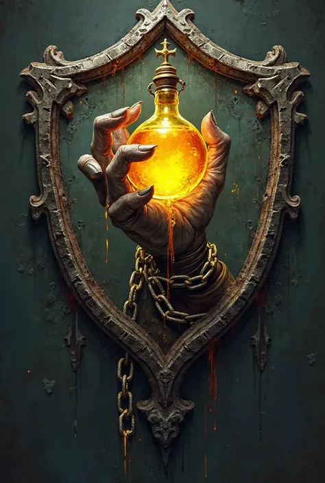 Make a shield-style logo, and inside the shield a chained hand holding a yellow potion (What does honey) 2D super detailed Darksouls style