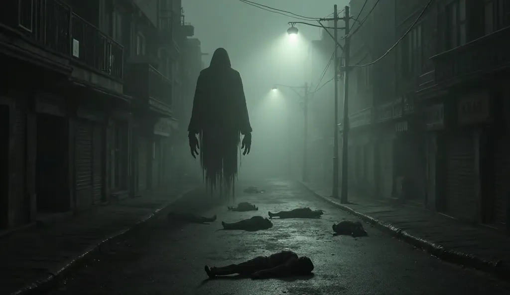 "A desolate city street shrouded in thick, oppressive darkness, faint silhouettes of lifeless bodies scattered on the ground, a dim flashlight beam cutting through the gloom, an eerie tall figure with elongated arms lurking in the shadows, muted grayscale ...