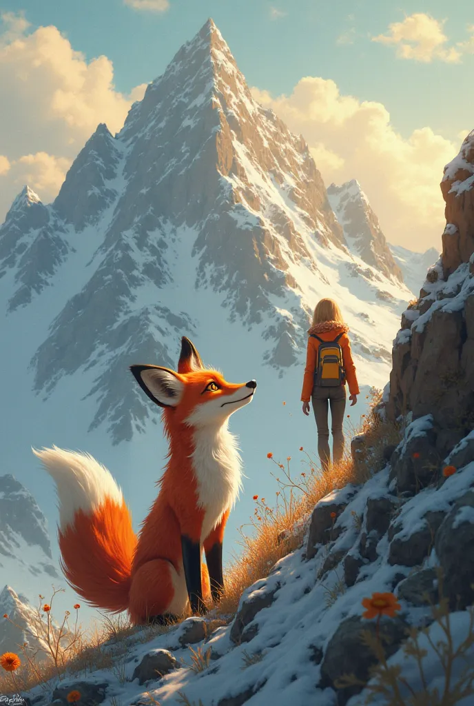 a fox shedding a very happy tear, watching a woman climb a mountain