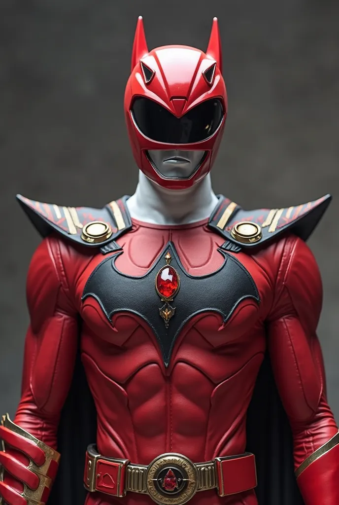 a red power ranger wearing a bat costume and on the chest of his suit has a chest strap with a red jewel in the shape of a circle with the symbol of his visor a bat has no coat and bat wings on his shoulders and has a gray metal glove only on his right han...