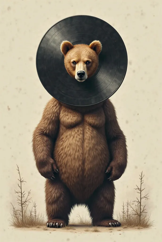 Make an image of a bear with a vinyl record instead of its head 