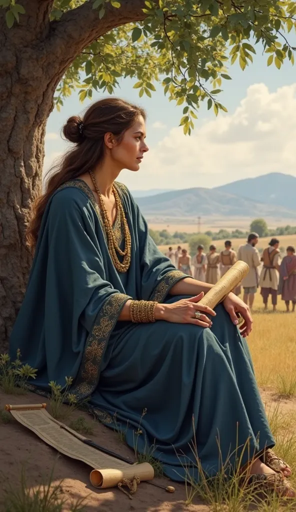 Show Débora, a strong and wise woman,  in an outdoor setting , sitting under a leafy tree, with a serene environment in the background (a field with distant mountains). She is dressed in a long dark blue tunic, with gold details, representing authority and...