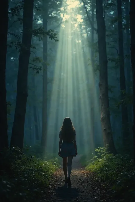 A young woman walks alone through a dense and dark forest at night, but a beam of heavenly light descends from the sky,  illuminating your path . Her eyes are serene and full of hope, demonstrating her faith that God is guiding her even in the dark.
