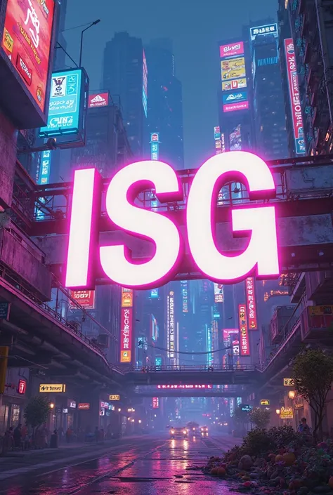 sticker art for ISG as a title with a futuristic neon city as a background