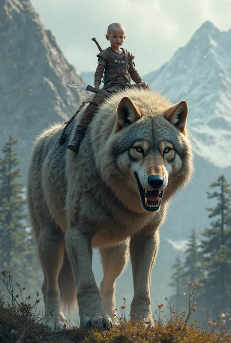 a bald boy on top of a giant wolf with a knife in his mouth