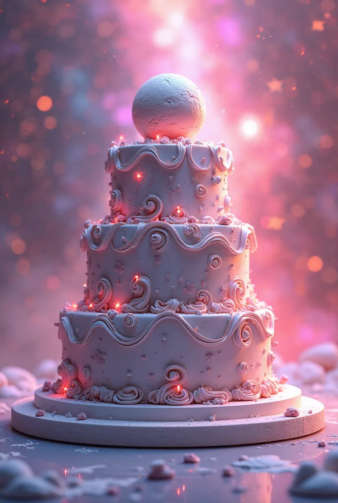 wedding cake, 3D render, galaxy, 4K, pink atmosphere, 3 layer, planet on 2nd-3rd layer