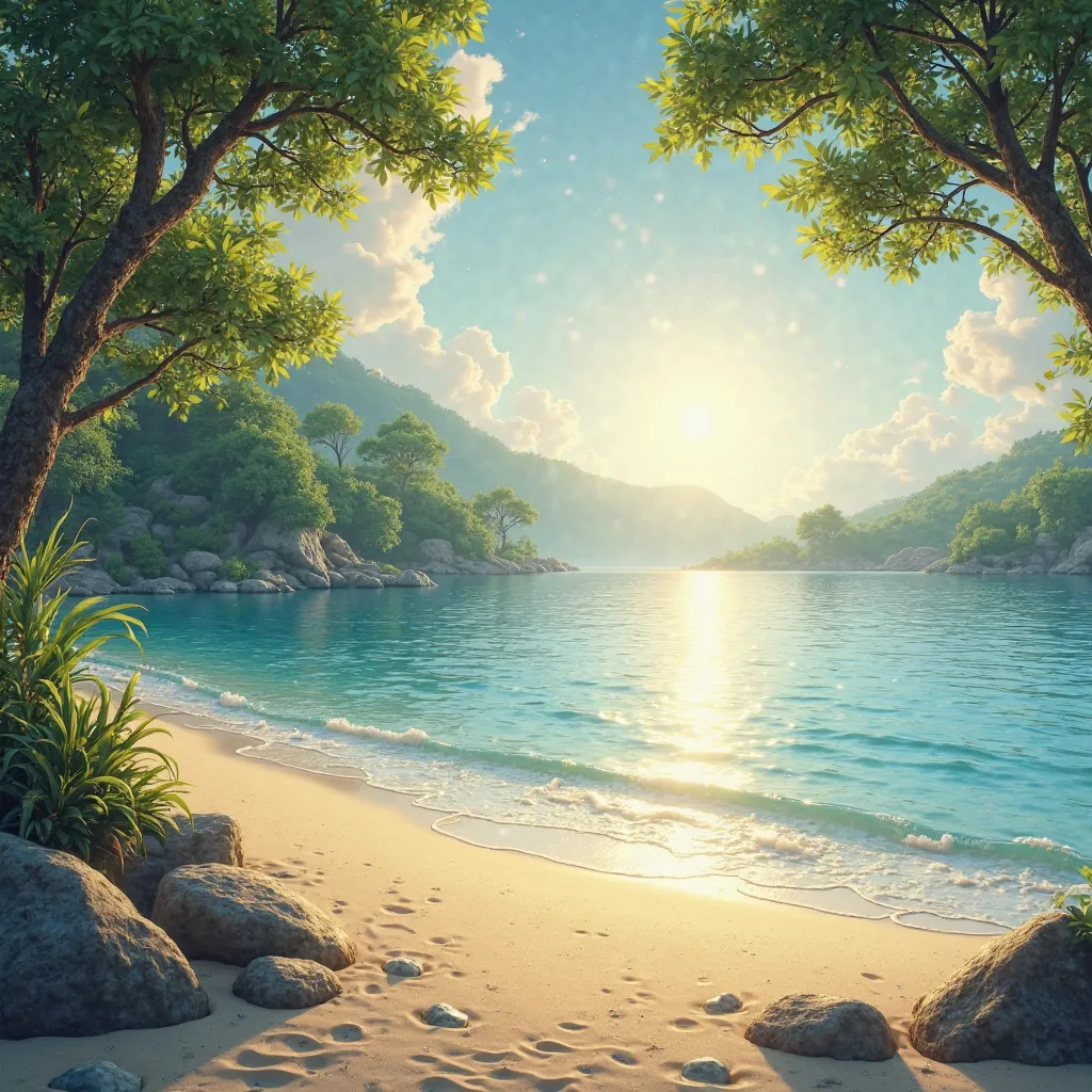 Realistic day beach with sun reflecting in the water and forest next door