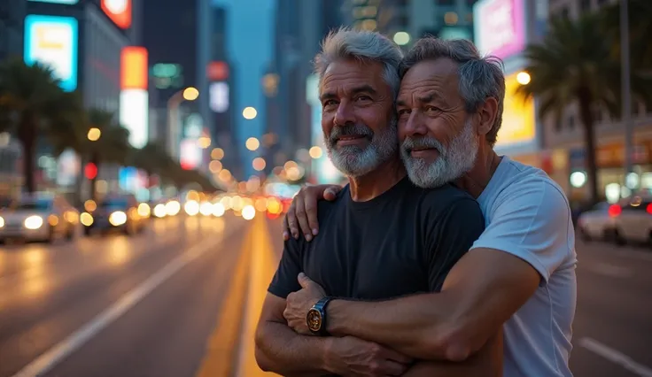 
Create a realistic and emotional image of the gray man and the 58-year-old man embracing, smiling at something that is not noticeable in the image. The gray man , With gray and short hair, well-groomed beard and light blue eyes, Are you wearing a short sl...